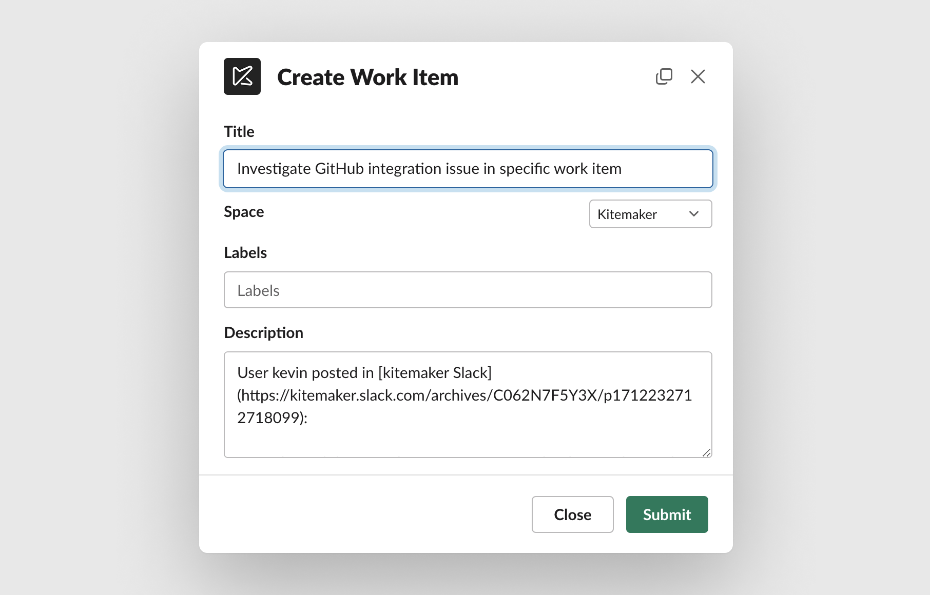 Screenshot of creating a new work item from Slack